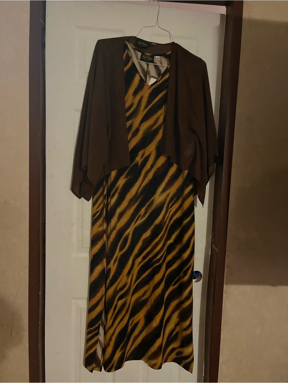 NWT Bob Mackie Tiger Print Maxi Dress & Brown Shrug Set Size L